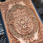 Load image into Gallery viewer, iPhone &amp; Samsung Galaxy Wood Phone Case - Hamsa Hand Golden Gothic Pattern Hand Painted
