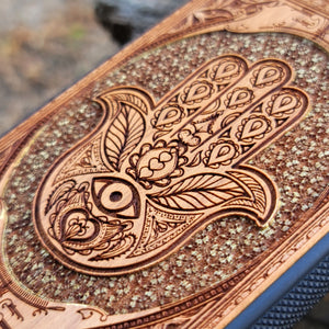 iPhone & Samsung Galaxy Wood Phone Case - Hamsa Hand Golden Gothic Pattern Hand Painted