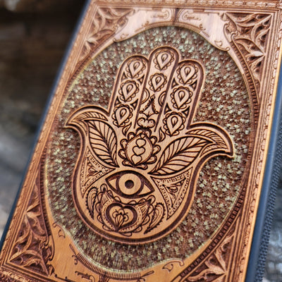 Hand-painted Hamsa Hand symbol wood phone case with Gothic pattern for iPhone & Samsung Galaxy. Laser-engraved design offers durability and style, compatible with iPhone , 15, 14, 13, 12, 11 Pro Max Mini & Samsung Galaxy S, S24, S23, S22, S21, S20 Ultra Plus Note 20.