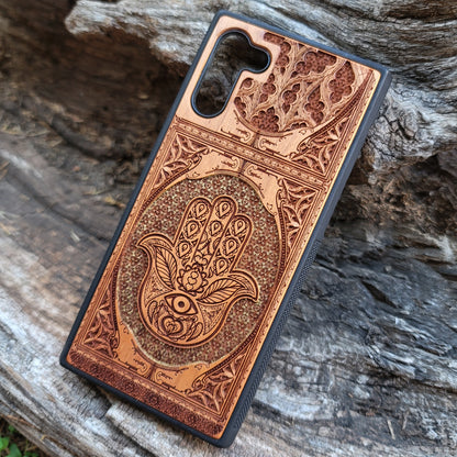 iPhone & Samsung Galaxy Wood Phone Case - Hamsa Hand Golden Gothic Pattern Hand Painted