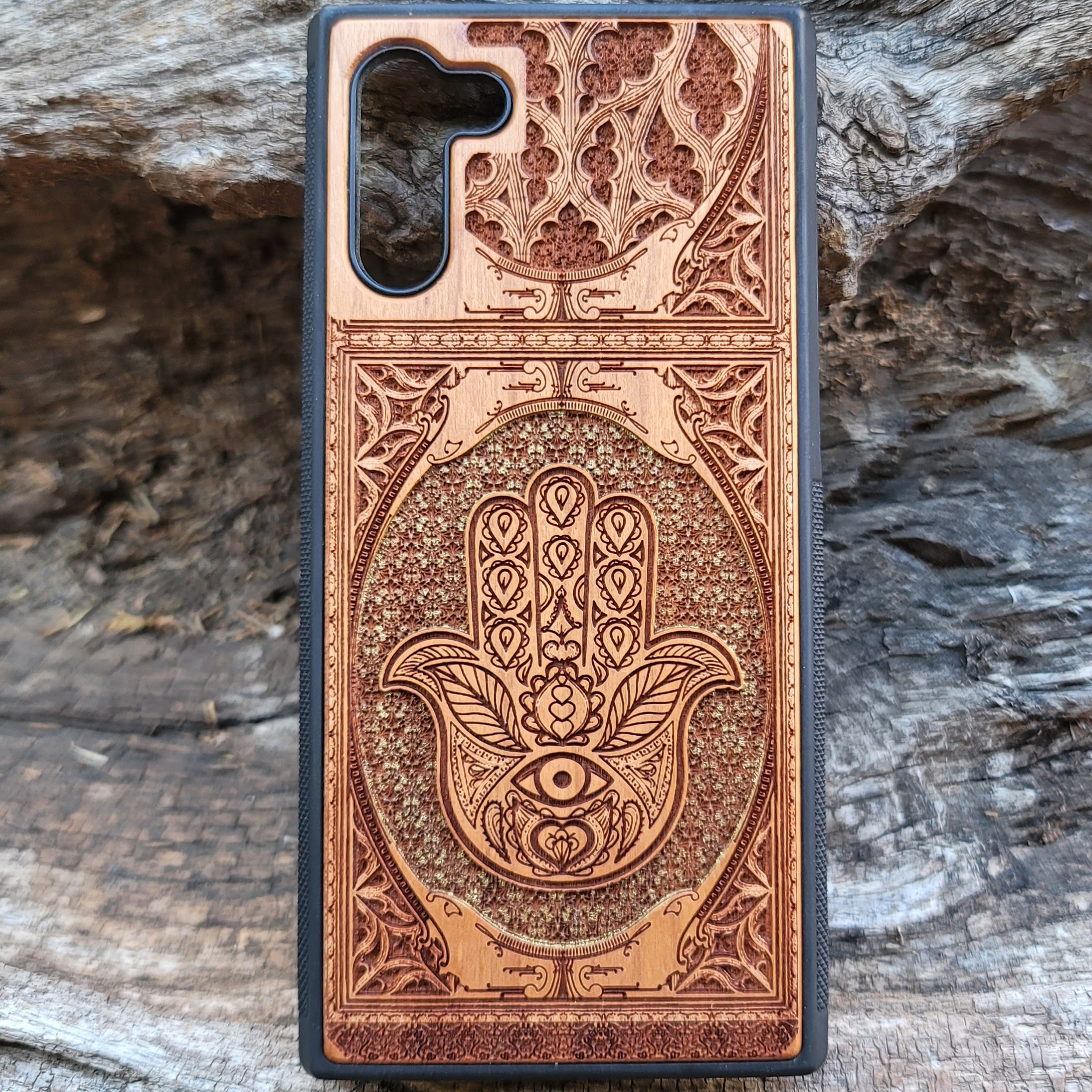 iPhone & Samsung Galaxy Wood Phone Case - Hamsa Hand Golden Gothic Pattern Hand Painted