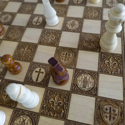 Saint Michael Chess Board – gothic art, engraved wood, dark fantasy, skeleton design, artisan crafted