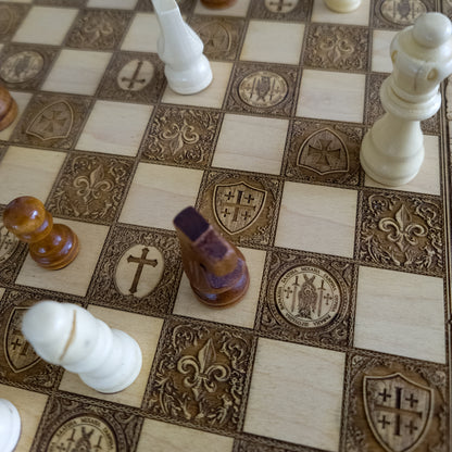 Saint Michael Chess Board – gothic art, engraved wood, dark fantasy, skeleton design, artisan crafted