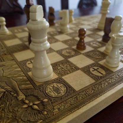 Saint Michael Chess Board – gothic art, engraved wood, dark fantasy, skeleton design, artisan crafted