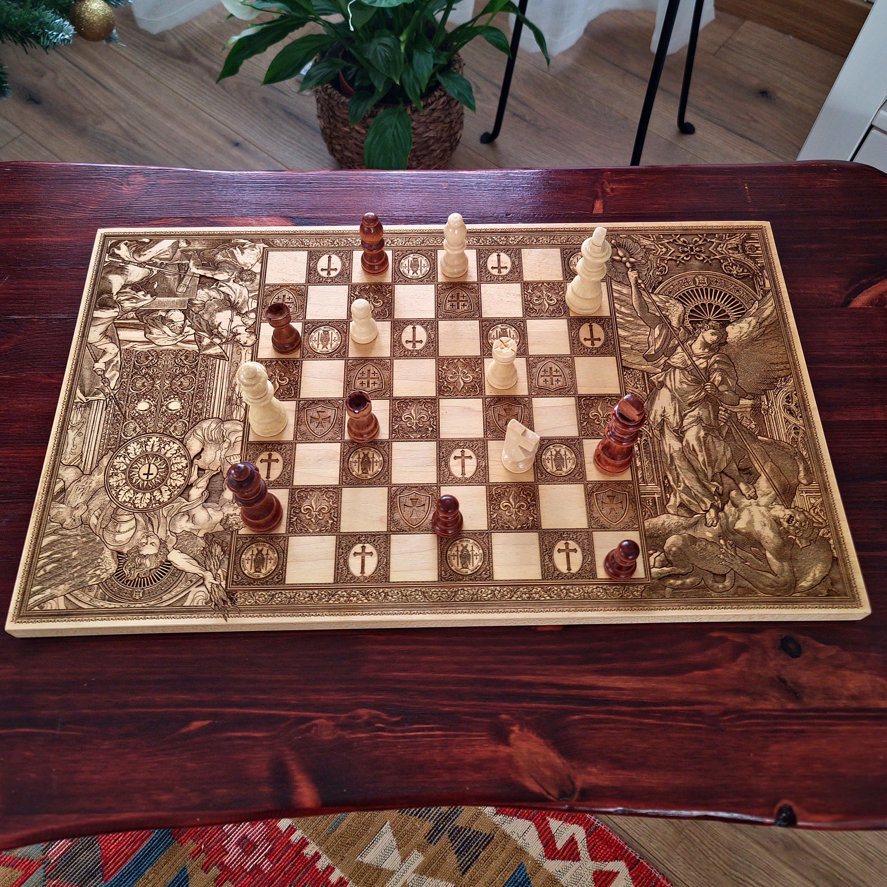 Wooden chessboard with laser-engraved Saint Michael, Celtic, Templar, and Jerusalem cross motifs