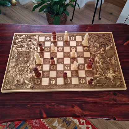Wooden chessboard with laser-engraved Saint Michael, Celtic, Templar, and Jerusalem cross motifs