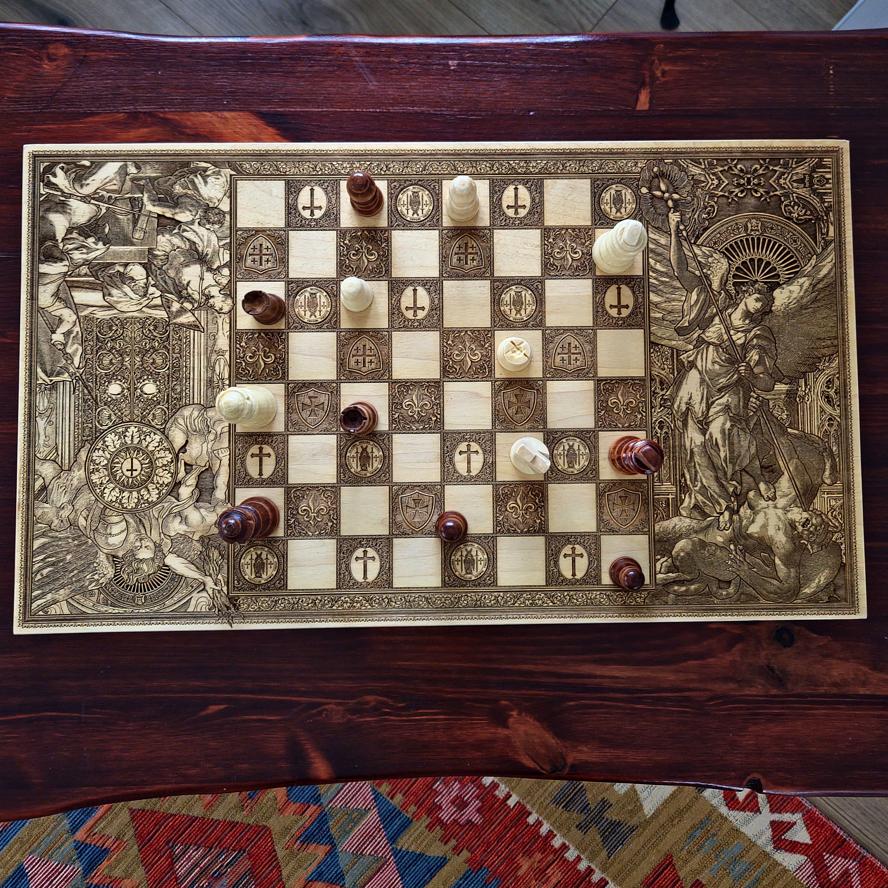 Wooden chessboard with laser-engraved Saint Michael, Celtic, Templar, and Jerusalem cross motifs