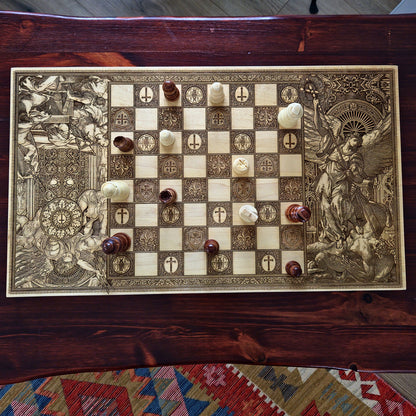 Wooden chessboard with laser-engraved Saint Michael, Celtic, Templar, and Jerusalem cross motifs