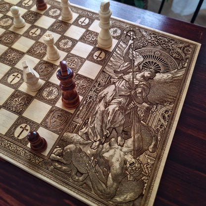 Wooden chessboard with laser-engraved Saint Michael, Celtic, Templar, and Jerusalem cross motifs