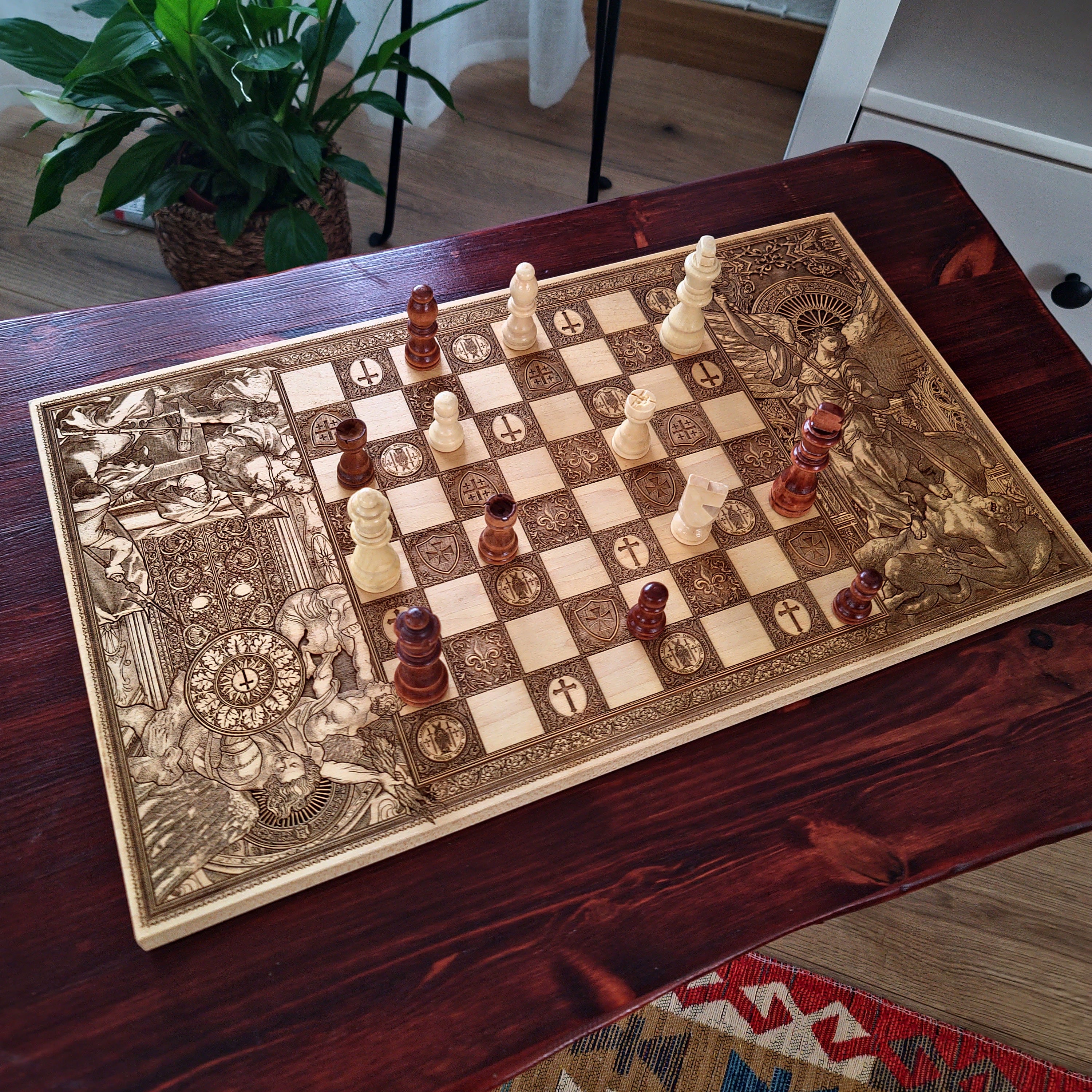 Wooden chessboard with laser-engraved Saint Michael, Celtic, Templar, and Jerusalem cross motifs