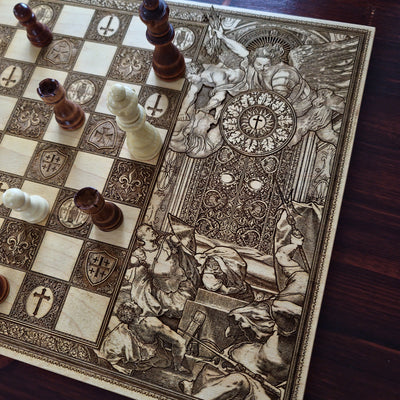 Wooden chessboard with laser-engraved Saint Michael, Celtic, Templar, and Jerusalem cross motifs