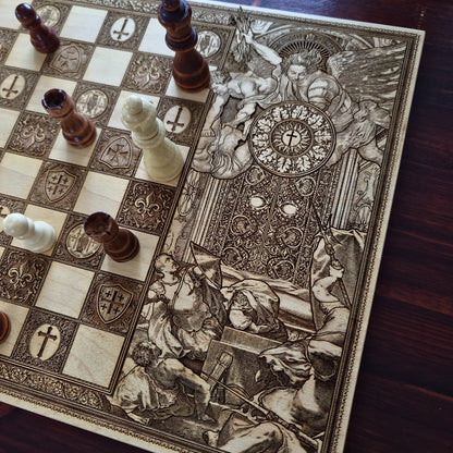 Wooden chessboard with laser-engraved Saint Michael, Celtic, Templar, and Jerusalem cross motifs