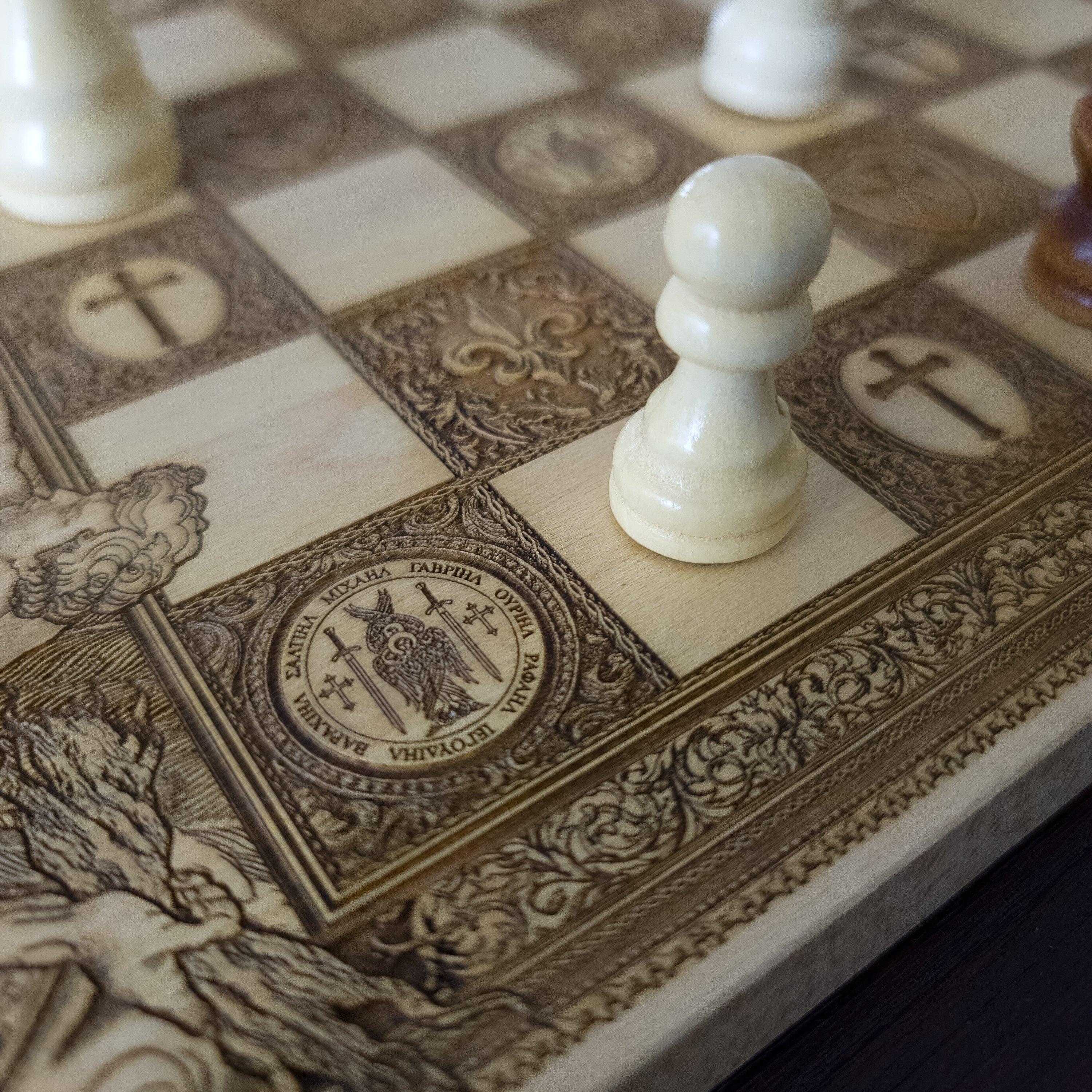 Saint Michael Chess Board – gothic art, engraved wood, dark fantasy, skeleton design, artisan crafted