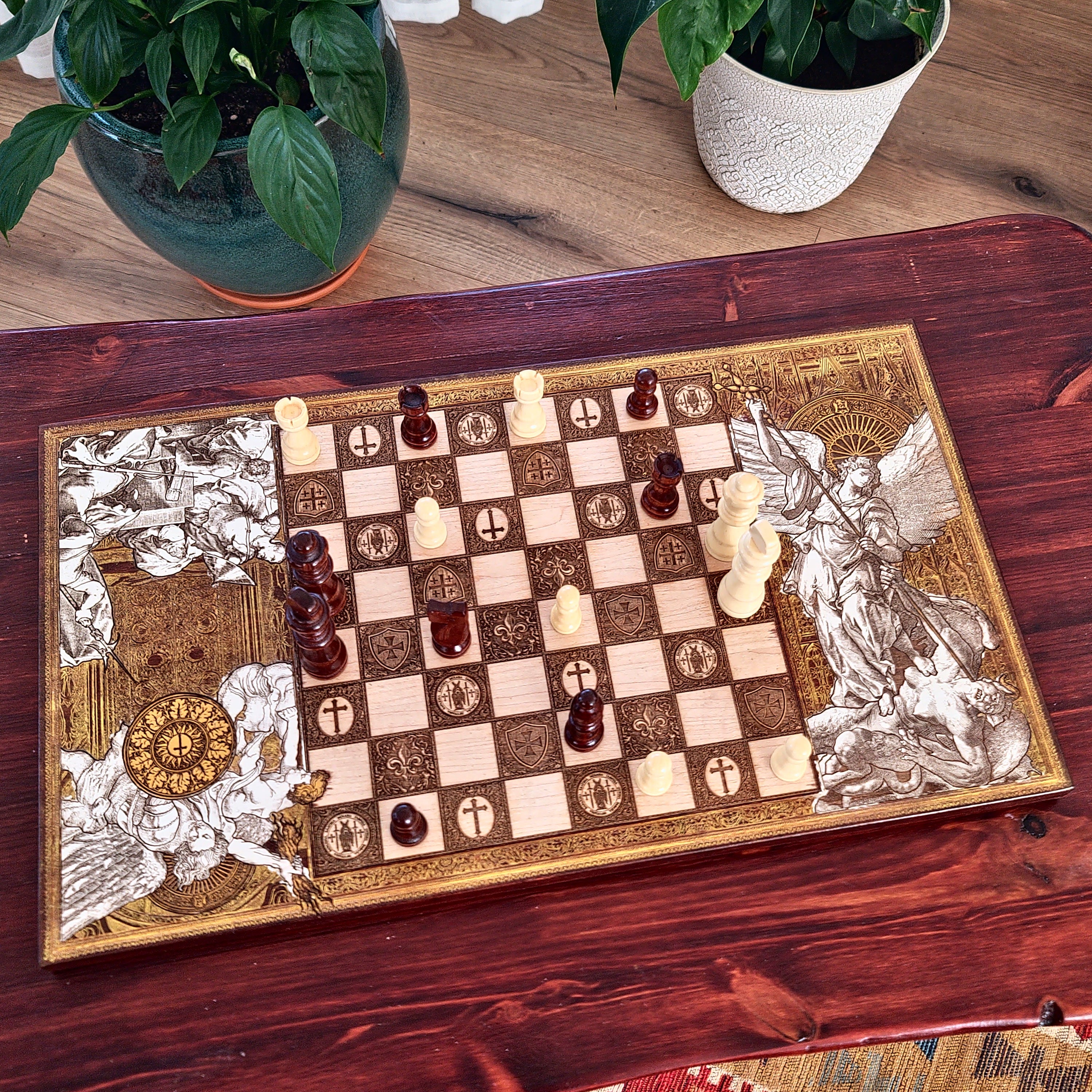 Hand-painted and laser engraved wooden chessboard featuring Saint Michael the Archangel. Religious Christian artwork on natural wood with detailed engraving, handcrafted chess set for collectors and faith-inspired home decor.