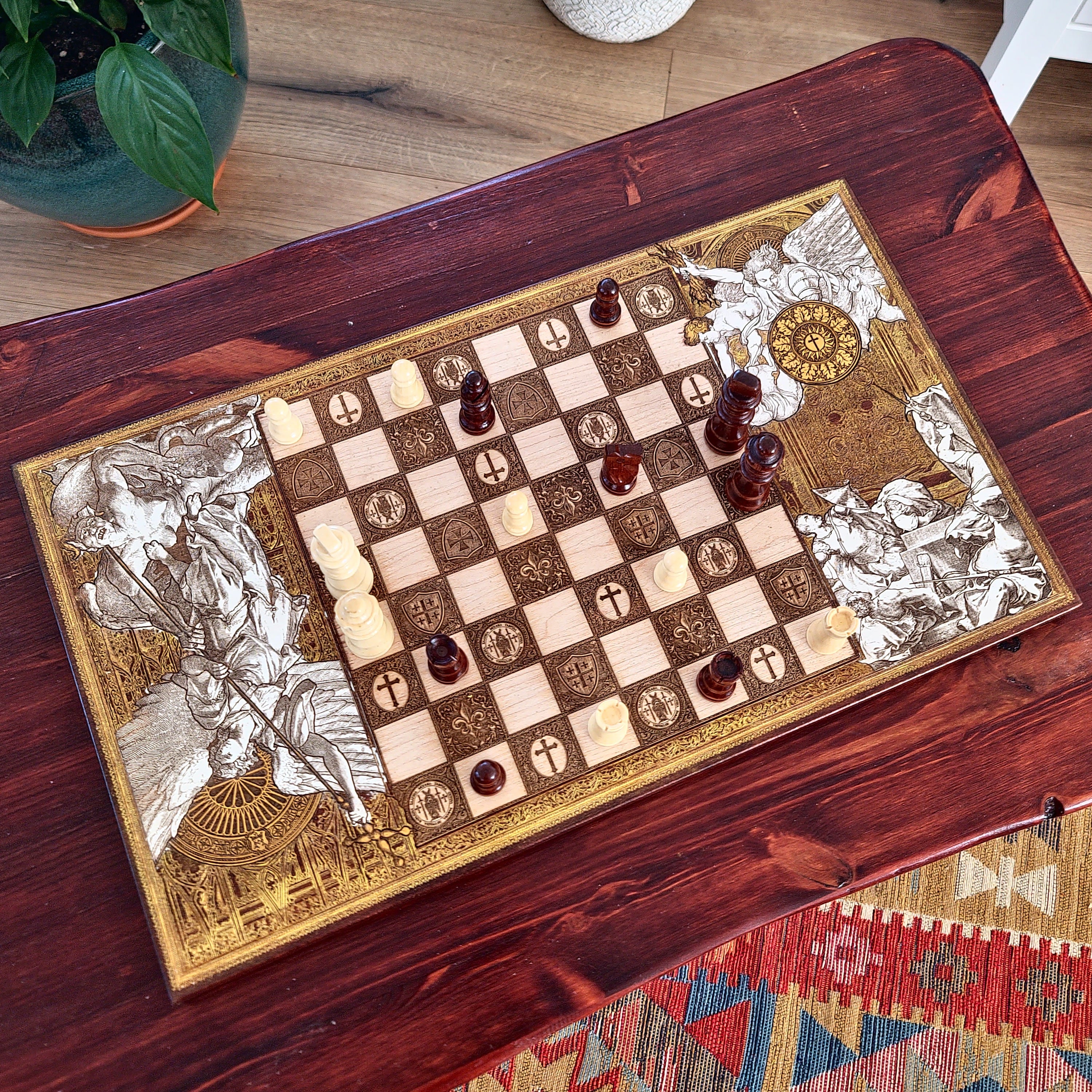 Hand-painted and laser engraved wooden chessboard featuring Saint Michael the Archangel. Religious Christian artwork on natural wood with detailed engraving, handcrafted chess set for collectors and faith-inspired home decor.