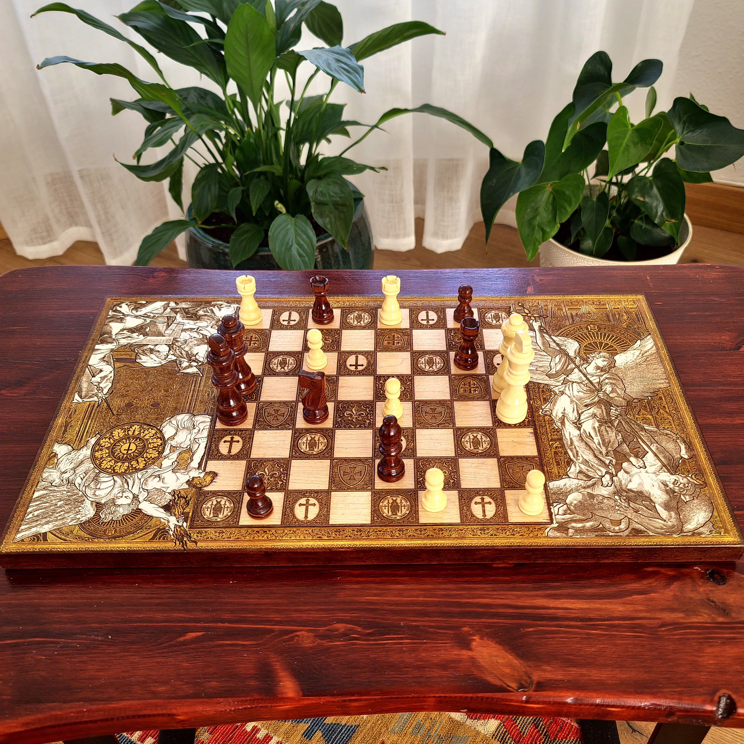 Hand-painted and laser engraved wooden chessboard featuring Saint Michael the Archangel. Religious Christian artwork on natural wood with detailed engraving, handcrafted chess set for collectors and faith-inspired home decor.