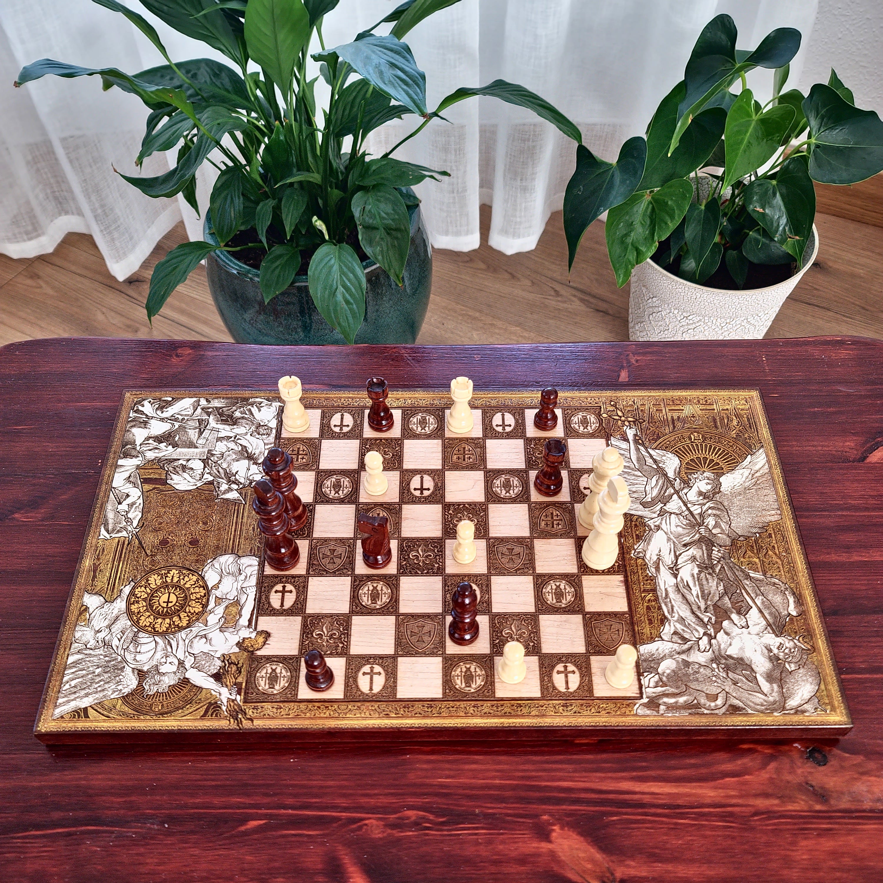 Hand-painted and laser engraved wooden chessboard featuring Saint Michael the Archangel. Religious Christian artwork on natural wood with detailed engraving, handcrafted chess set for collectors and faith-inspired home decor.