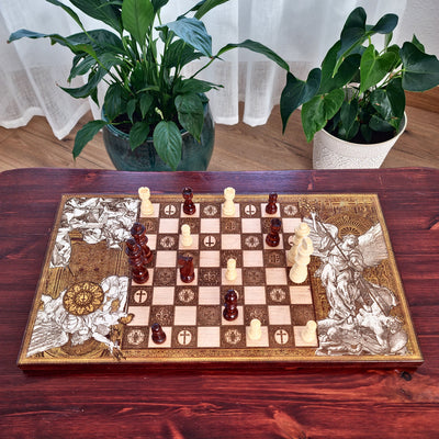 Hand-painted and laser engraved wooden chessboard featuring Saint Michael the Archangel. Religious Christian artwork on natural wood with detailed engraving, handcrafted chess set for collectors and faith-inspired home decor.
