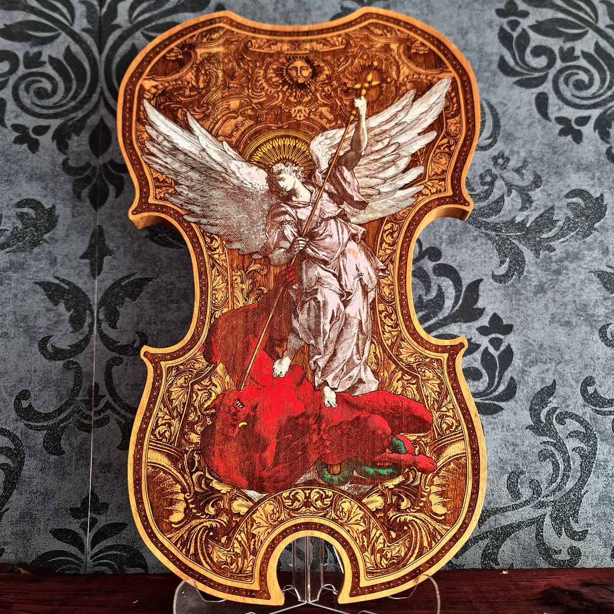 Christian wooden wall art with Archangel Michael hand painted over detailed laser engraving