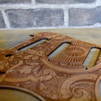 Stratocaster HSS & SSS Wood Pickguard - Gothic Guitar – gothic art, engraved wood, dark fantasy, skeleton design, artisan crafted