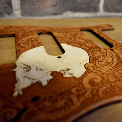 Stratocaster HSS & SSS Wood Pickguard - Human Skull Side Hand Painted – gothic art, engraved wood, dark fantasy, skeleton design, artisan