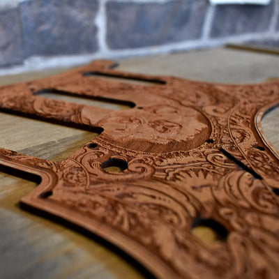 Stratocaster HSS & SSS Wood Pickguard - Skull Front – gothic art, engraved wood, dark fantasy, skeleton design, artisan crafted