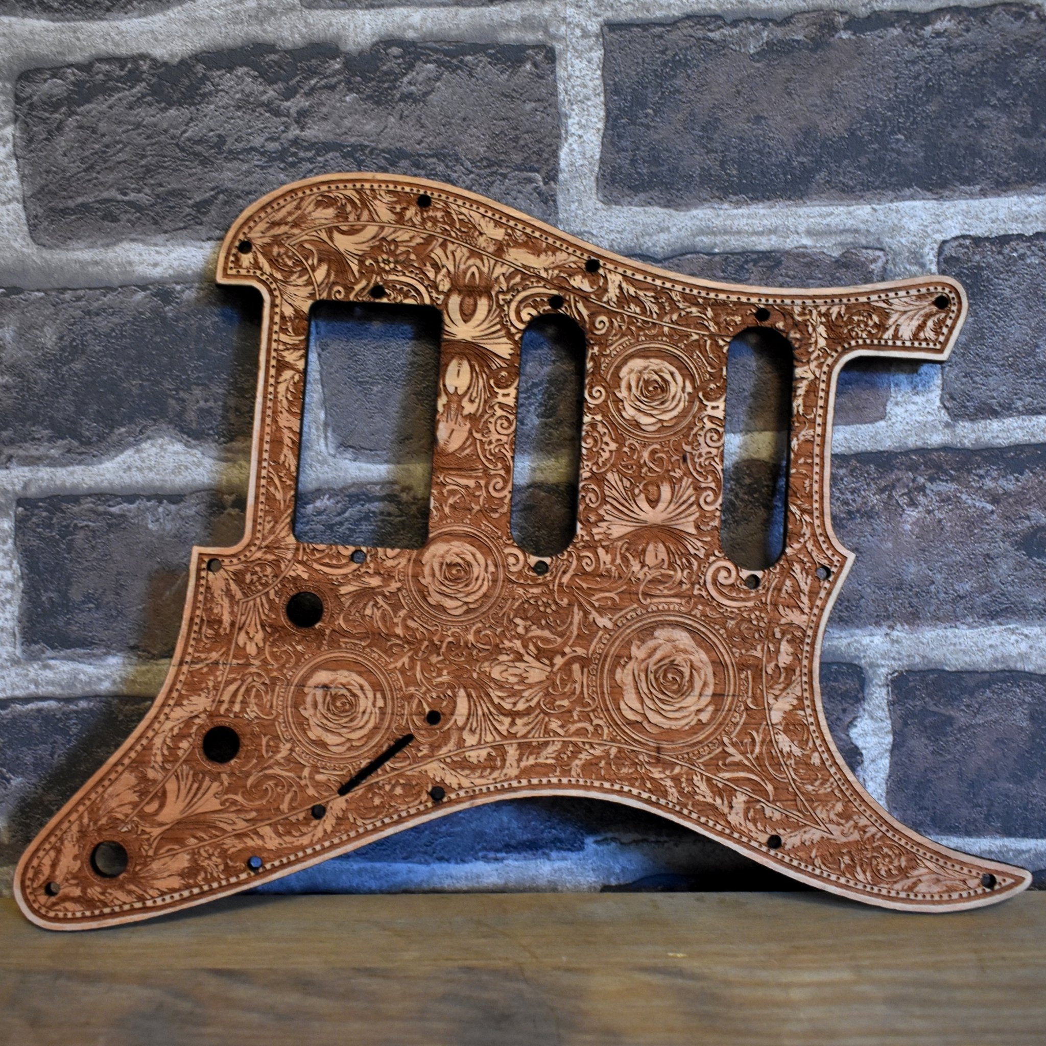 HSS & SSS compatible cherry wood pickguard with detailed engraving