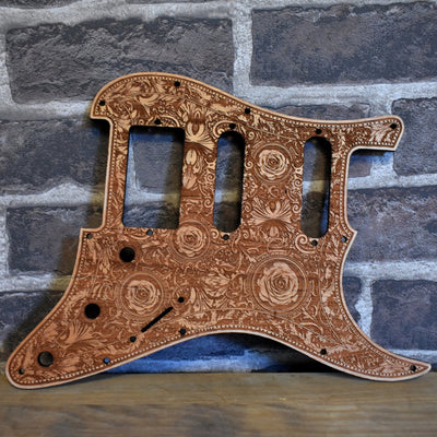 Handmade cherry wood pickguard for Fender Stratocaster  with laser engraved roses design