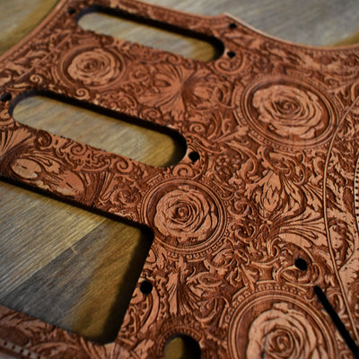 Stratocaster HSS & SSS Wood Pickguard - Roses – gothic art, engraved wood, dark fantasy, skeleton design, artisan crafted