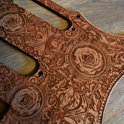 Stratocaster HSS & SSS Wood Pickguard - Roses – gothic art, engraved wood, dark fantasy, skeleton design, artisan crafted