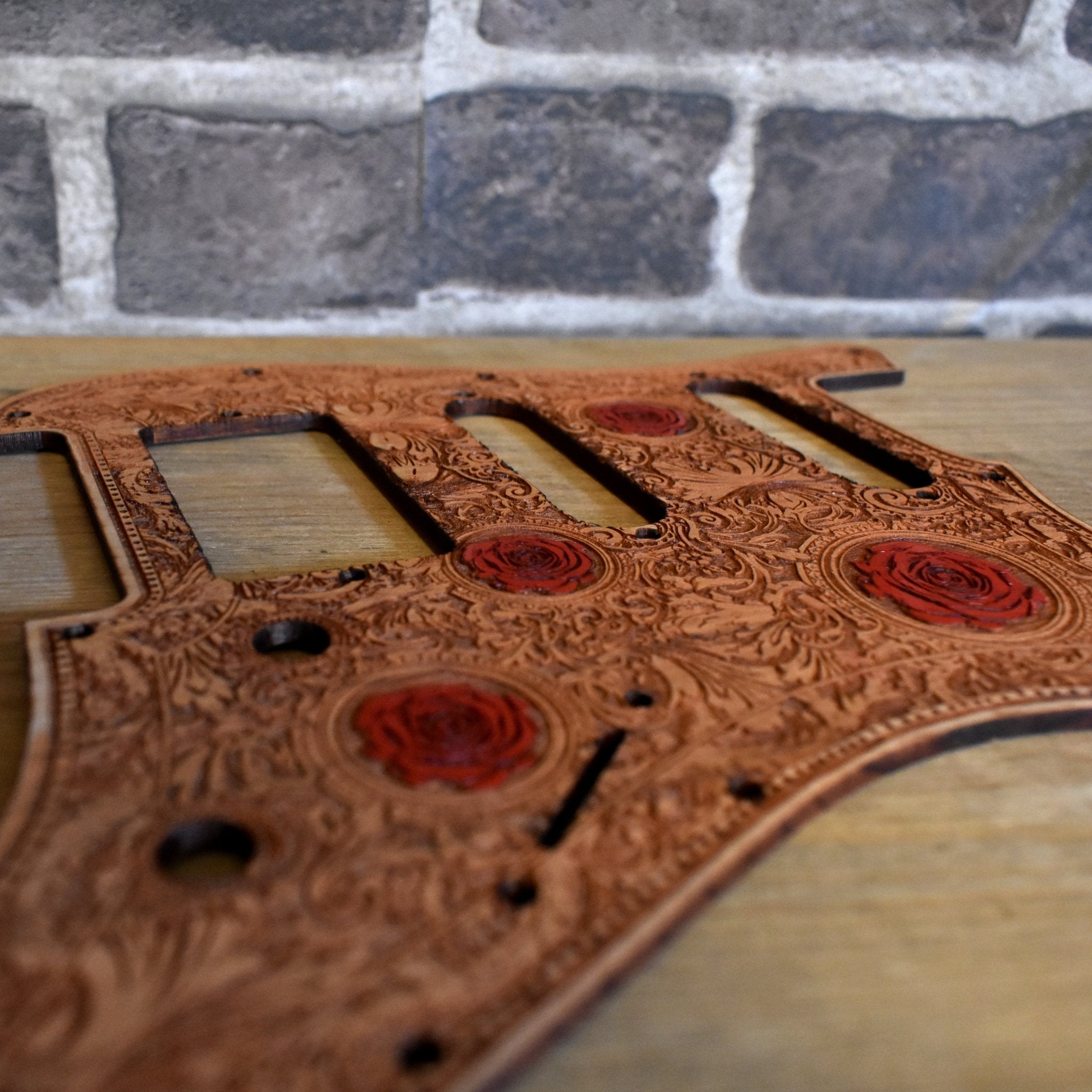 Premium Cherry Wood Guitar Pickguard – Custom Engraving for Fender Stratocaster