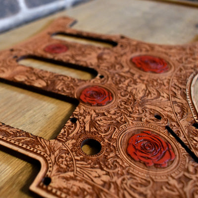 Stratocaster HSS & SSS Wood Pickguard - Roses Hand Painted – gothic art, engraved wood, dark fantasy, skeleton design, artisan crafted
