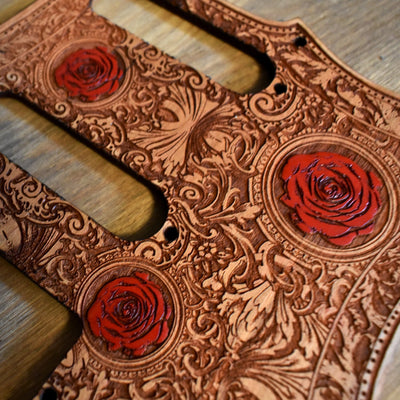 Stratocaster HSS & SSS Wood Pickguard - Roses Hand Painted – gothic art, engraved wood, dark fantasy, skeleton design, artisan crafted
