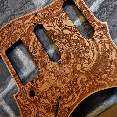 Stratocaster HSS & SSS Wood Pickguard - Souls – gothic art, engraved wood, dark fantasy, skeleton design, artisan crafted