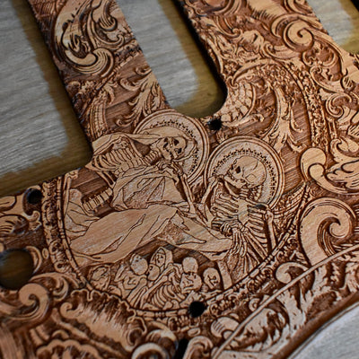 Stratocaster HSS & SSS Wood Pickguard - Souls – gothic art, engraved wood, dark fantasy, skeleton design, artisan crafted