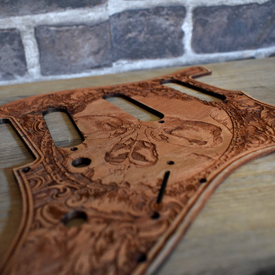 Stratocaster HSS & SSS Wood Pickguard - Human Skull – gothic art, engraved wood, dark fantasy, skeleton design, artisan crafted