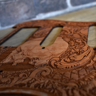 Stratocaster HSS & SSS Wood Pickguard - Human Skull Side – gothic art, engraved wood, dark fantasy, skeleton design, artisan crafted