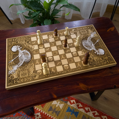 Wooden chessboard with laser-engraved and hand-painted skeleton designs