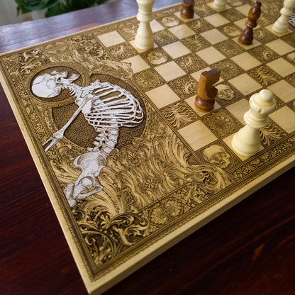 Stumble Chess Board – gothic art, engraved wood, dark fantasy, skeleton design, artisan crafted