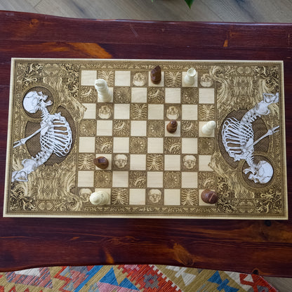 Wooden chessboard with laser-engraved and hand-painted skeleton designs