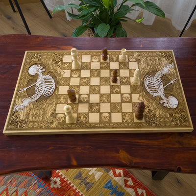 Stumble Chess Board – gothic art, engraved wood, dark fantasy, skeleton design, artisan crafted