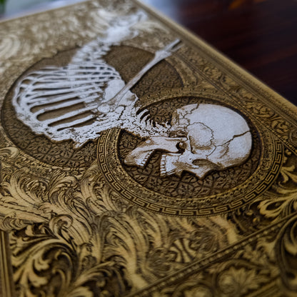 Wooden chessboard with laser-engraved and hand-painted skeleton designs