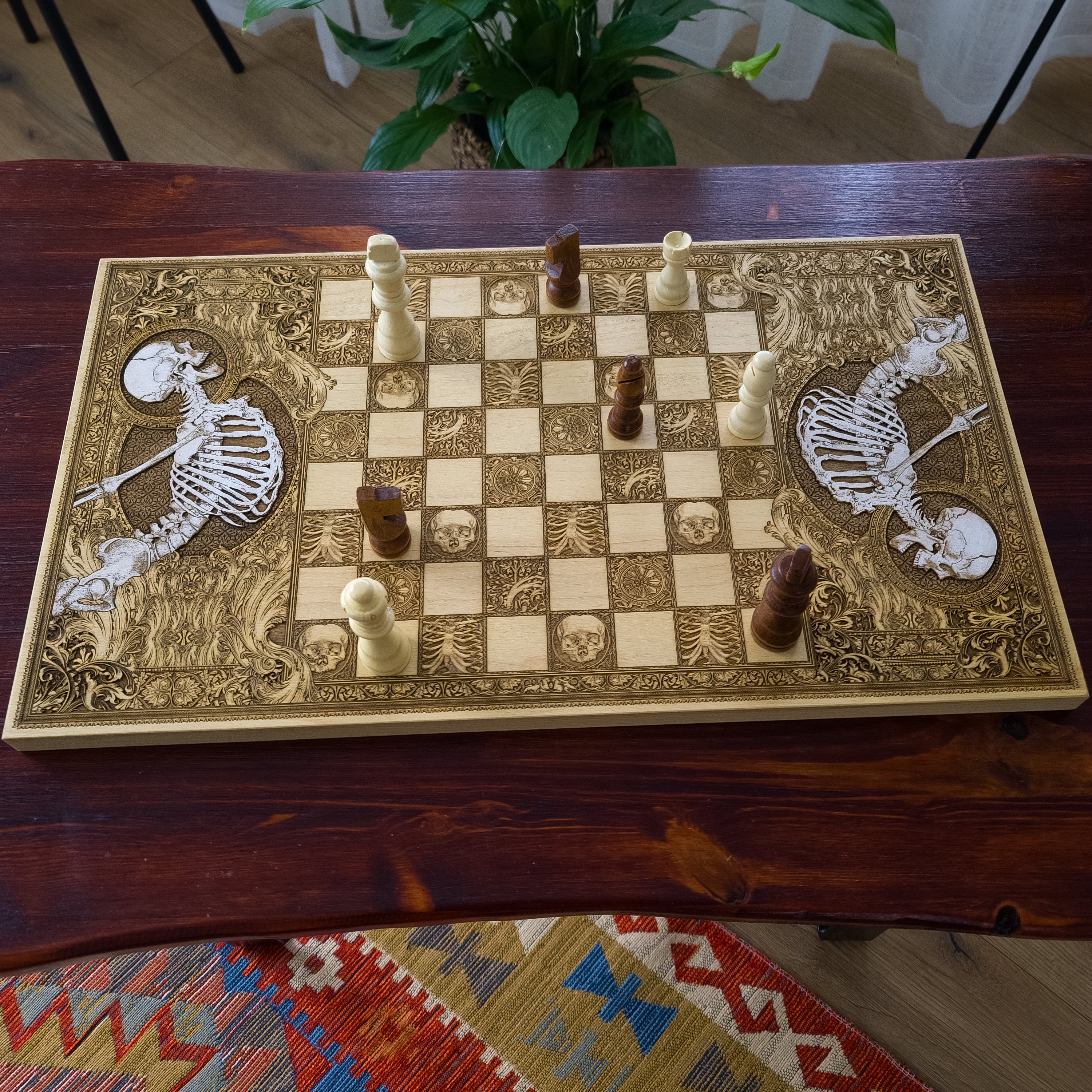 Chessboard featuring skulls, vertebrae, and anatomical engravings
