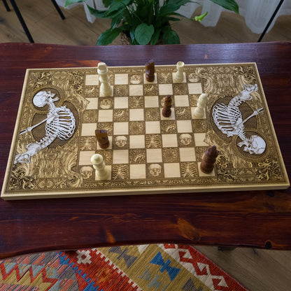 Chessboard featuring skulls, vertebrae, and anatomical engravings