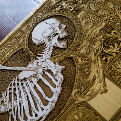 Artistic skeleton-themed wooden chessboard, hand painted
