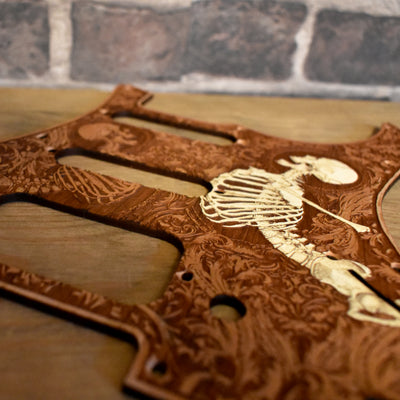 Stratocaster HSS & SSS Wood Pickguard - Stumble Hand Painted – gothic art, engraved wood, dark fantasy, skeleton design, artisan crafted