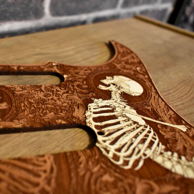 Stratocaster HSS & SSS Wood Pickguard - Stumble Hand Painted – gothic art, engraved wood, dark fantasy, skeleton design, artisan crafted