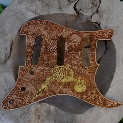 Stratocaster HSS & SSS Wood Pickguard - Stumble Hand Painted Gold – gothic art, engraved wood, dark fantasy, skeleton design, artisan