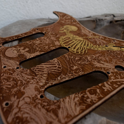 Stratocaster HSS & SSS Wood Pickguard - Stumble Hand Painted Gold – gothic art, engraved wood, dark fantasy, skeleton design, artisan