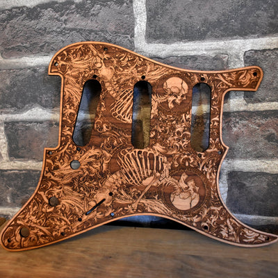Stratocaster HSS & SSS Wood Pickguard - Stumble – gothic art, engraved wood, dark fantasy, skeleton design, artisan crafted